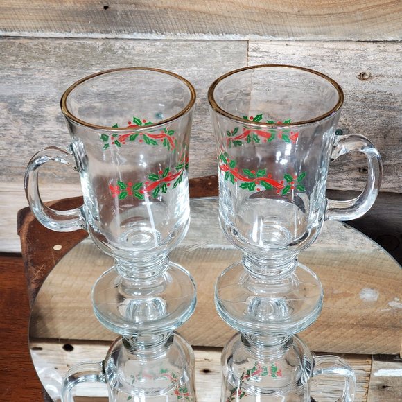 Libbey Irish Coffee Mugs - Green & Red Holly - Red Ribbon - Price for Pair - Picture 2 of 8
